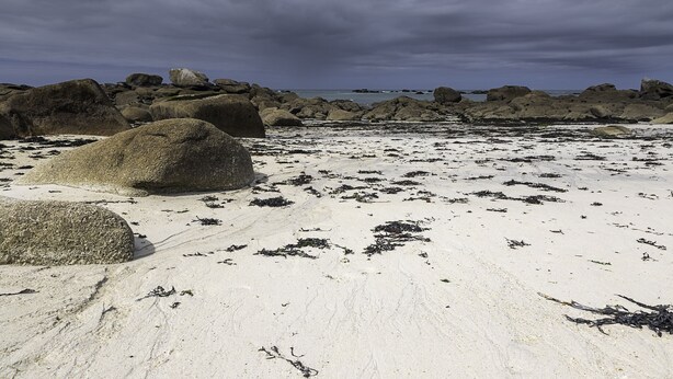 A rocky beach with large boulders and seaweed scattered across the sand. - Unique all comfort Longere, close to the sea of Iroise (Ploumoguer)