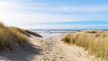 På stranden, solsenger og strandhåndklær