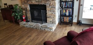 Smart TV, fireplace, DVD player, books