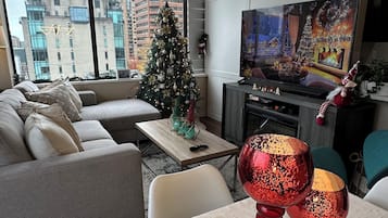 TV, DVD player, video library, stereo