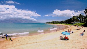 Una playa con gente tomando el sol y nadando, cielo despejado y palmeras.