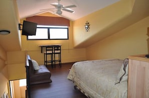 A bedroom with a bed, a desk, a chair, a ceiling fan, and a TV mounted on the wall. - Loft Penthouse w/ terrace, WIFI, grill, 3min walk to beach, few blocks to dwtn (Cabo San Lucas)