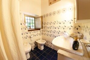 A bathroom with a toilet, bidet, and sink. There is a window with a view of greenery outside. The walls are decorated with a pattern of bird silhouettes. - Wonderful private villa for 7 people with WIFI, private pool, TV, terrace and pets allowed (Bagni Di Lucca)