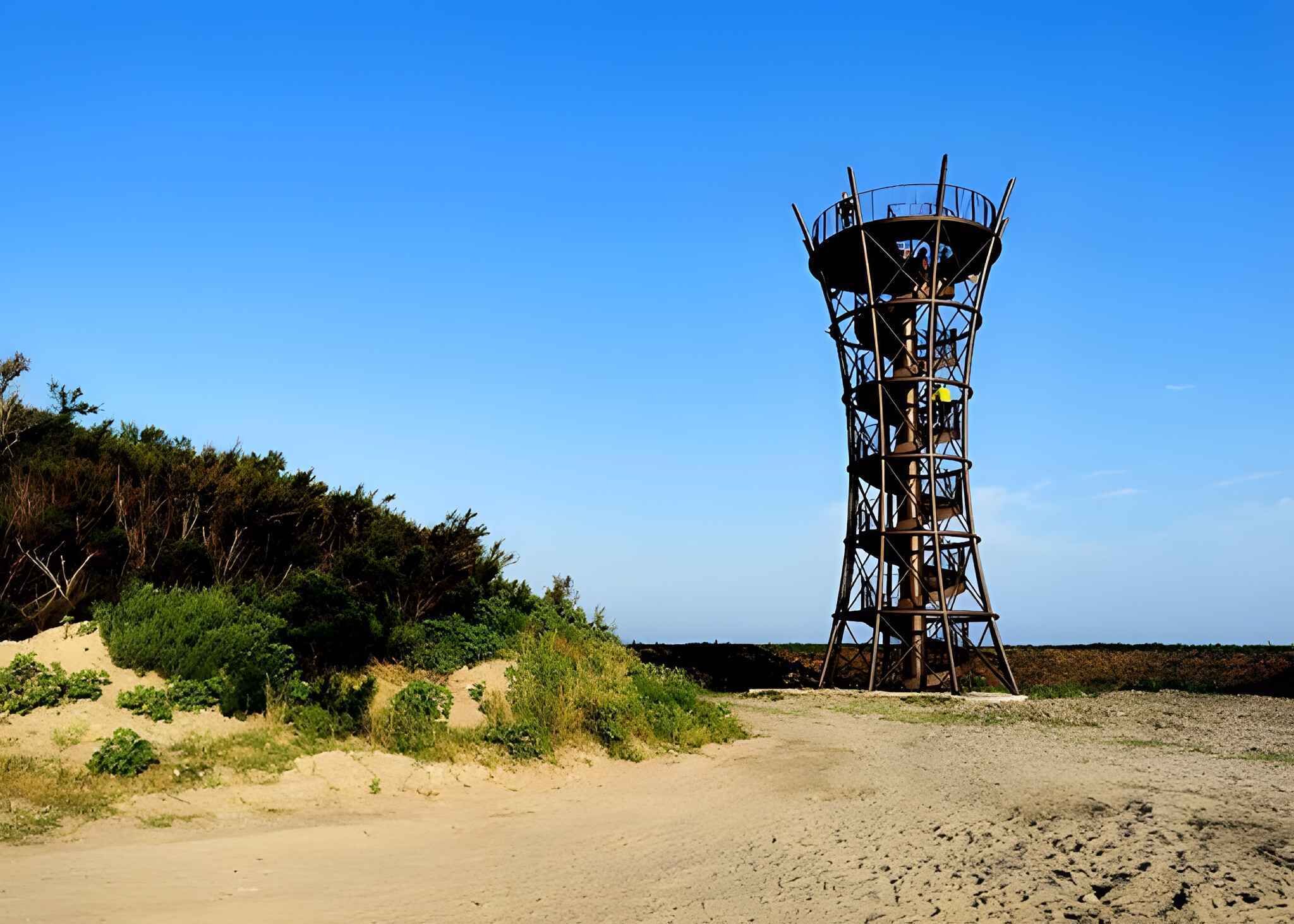 A tall, metal observation tower with multiple levels, surrounded by sparse vegetation and a clear sky.