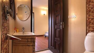 Hair dryer, towels, shampoo, toilet paper