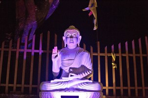 A large Buddha statue illuminated at night, seated on a pedestal with a fence in the background.