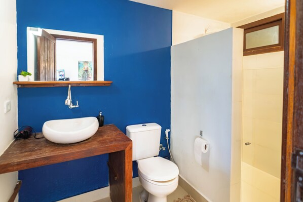 A bathroom with a blue wall, a wooden vanity, a white sink, a toilet, and a shower area. - Villa Giulia Morro (Cairu)