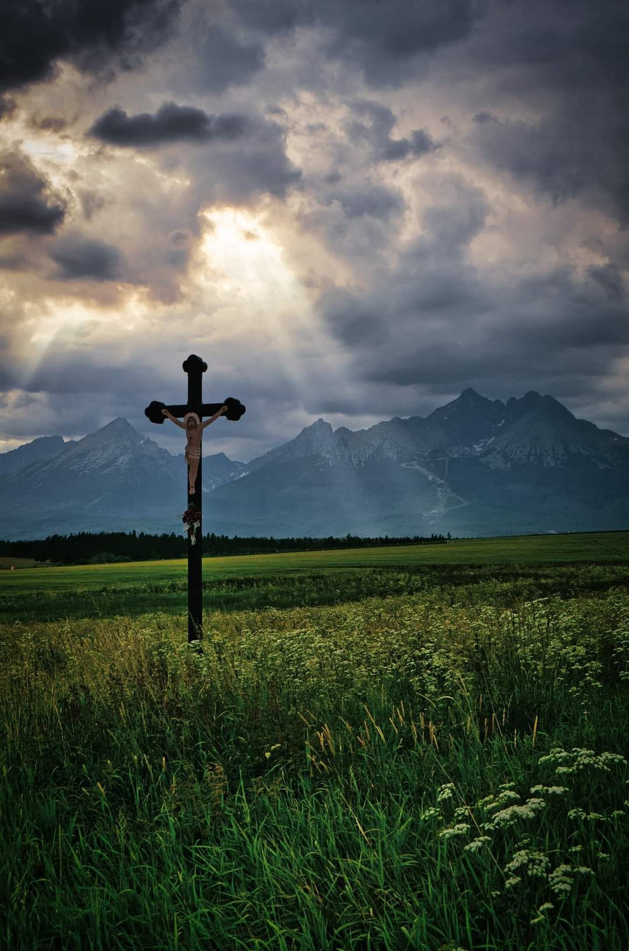 Une croix en bois, plantée dans un champ, avec des montagnes en arrière-plan.