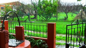 Vista a través de una reja metálica de un jardín verde con árboles y césped.