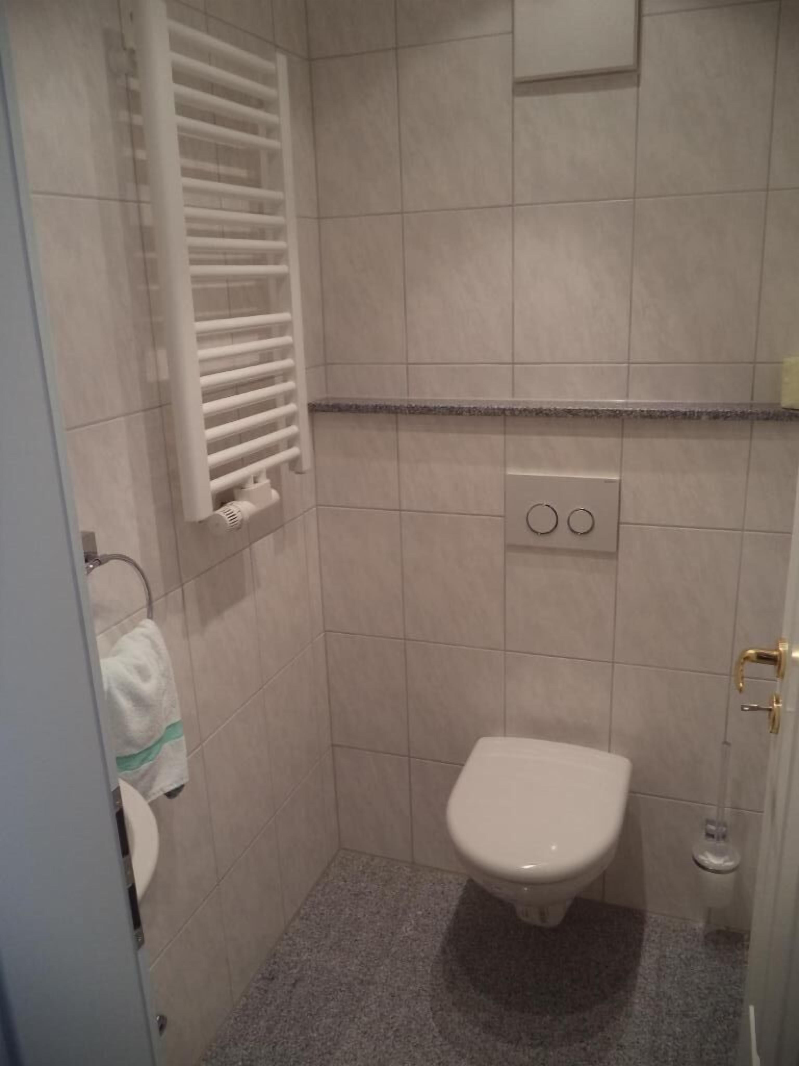 Une petite salle de bain carrelée, équipée de toilettes, d’un porte-serviettes et d’un radiateur.