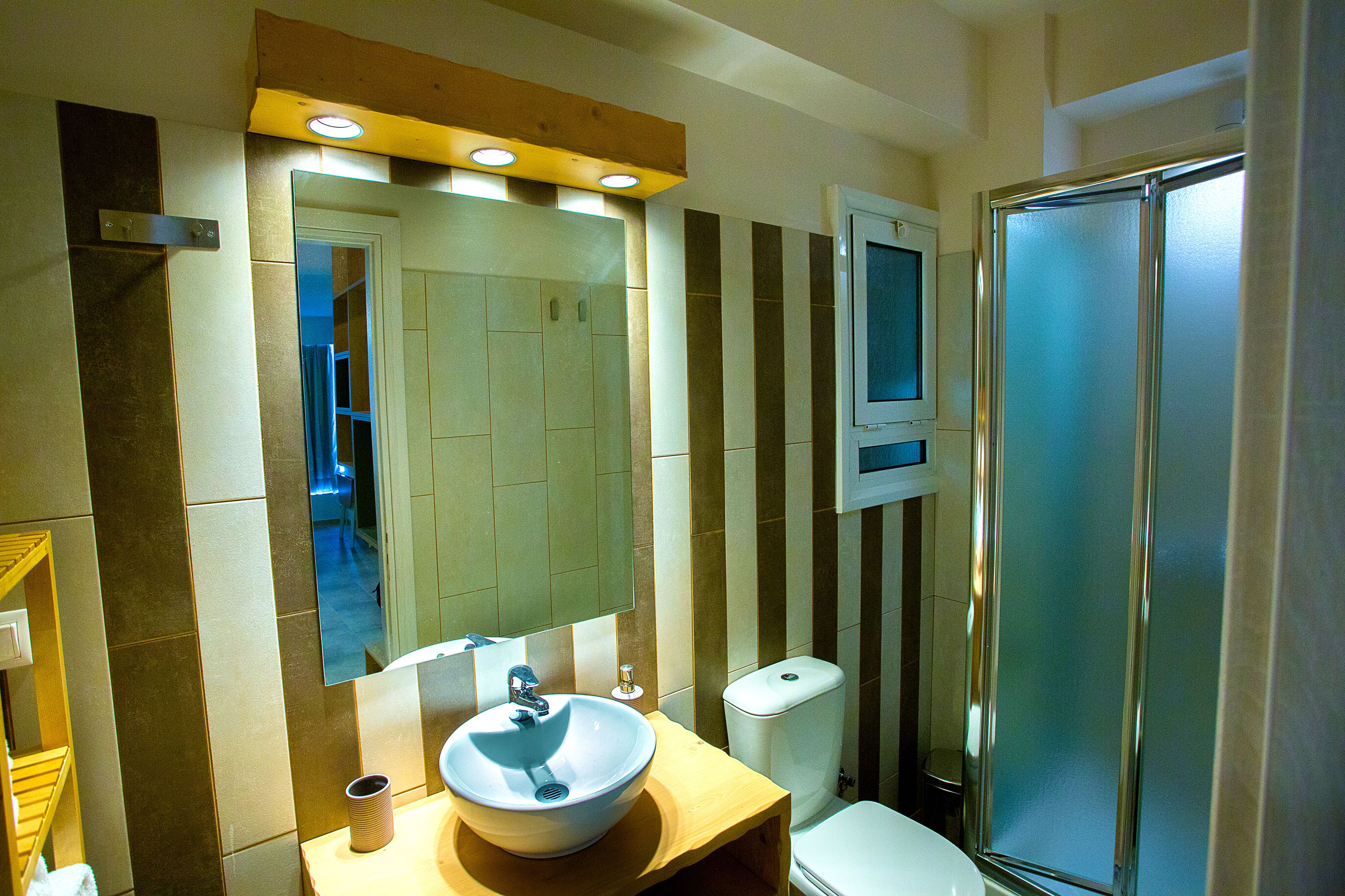 Un baño con lavamanos, espejo, inodoro y ducha.