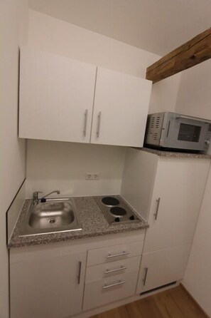 A compact kitchen with a sink, double burners, and a microwave.