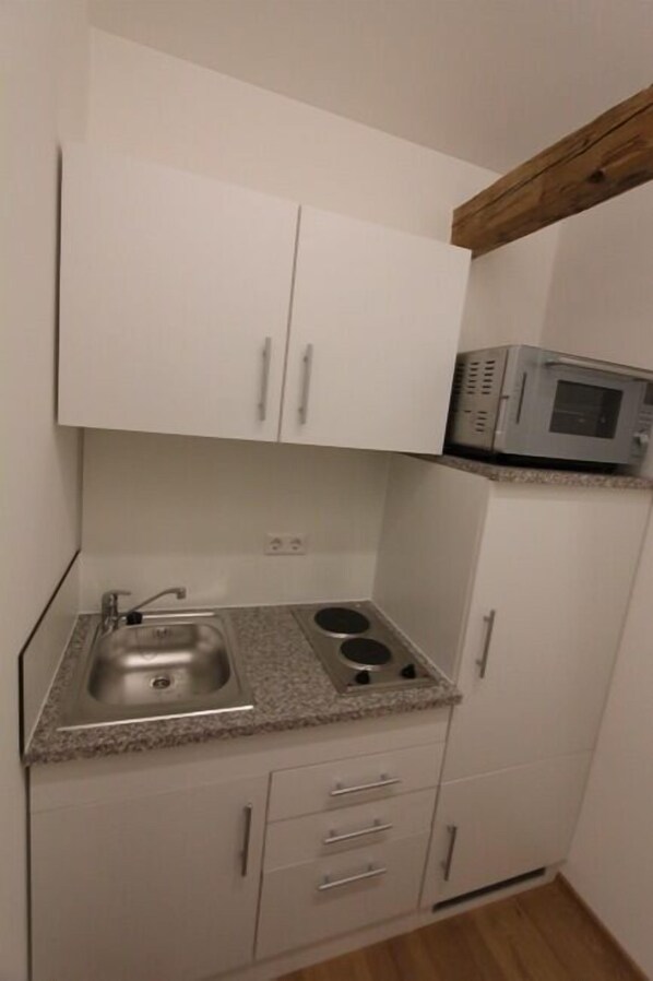 Una cocina compacta con un lavamanos, dos hornillas y un microondas.