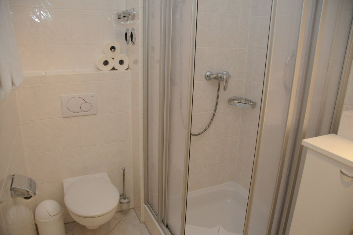 A modern bathroom with a glass-enclosed shower, a toilet, and a sink.