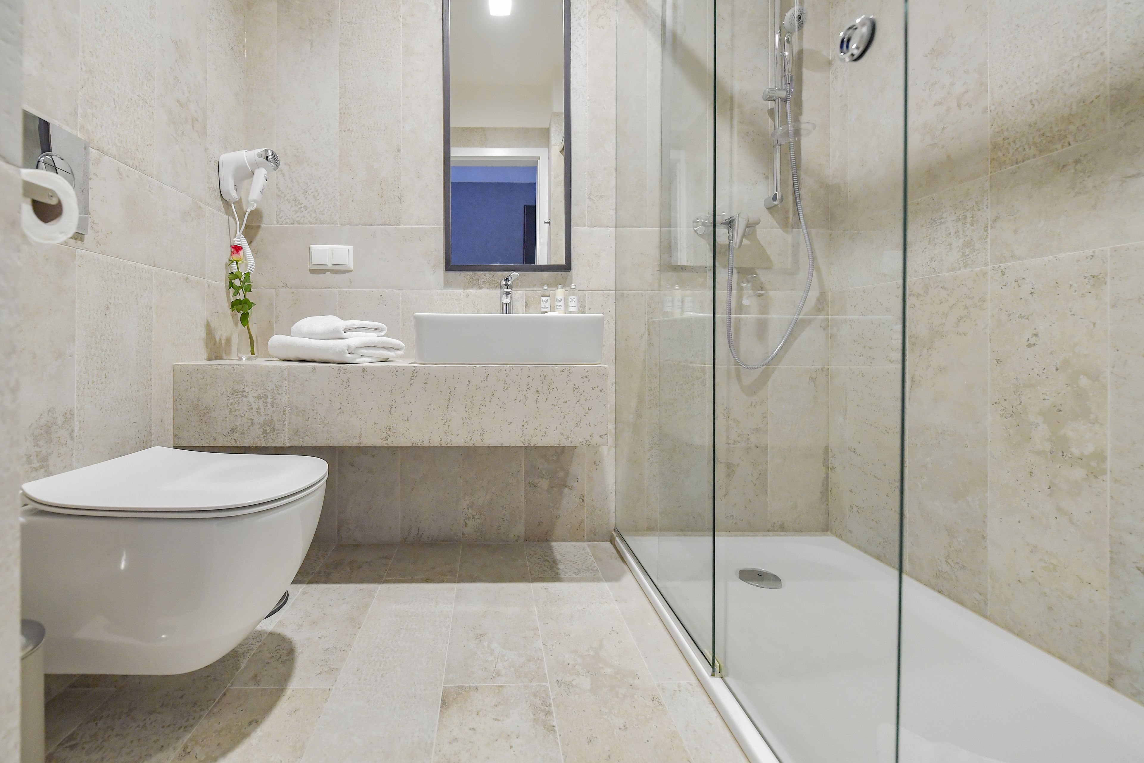 single room | bathroom | shower, free toiletries, hair dryer, towels