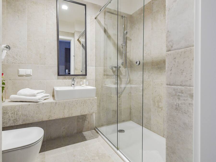 A modern bathroom with a glass-enclosed shower, a white sink, and a toilet.