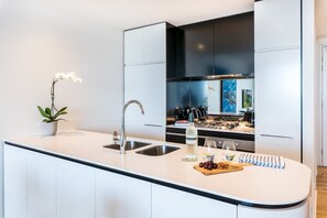 Eine moderne Küche mit weißer Arbeitsplatte, Spüle aus Edelstahl und einem Blumentopf.