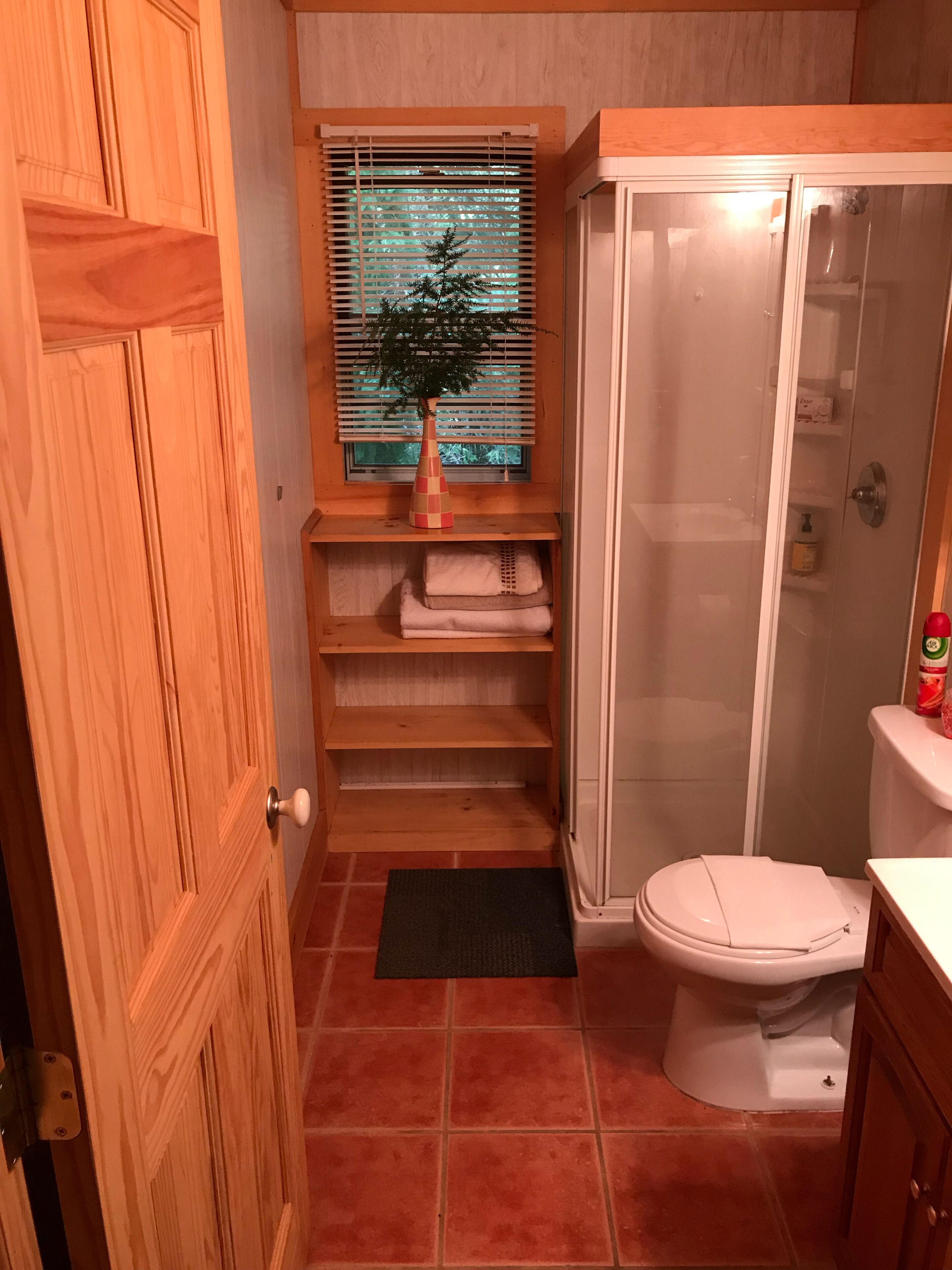 A compact bathroom with a toilet, shower, and wooden shelving unit.