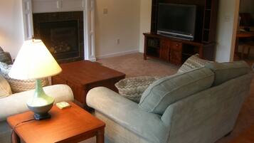 Televisor de pantalla plana, llar de foc i llibres