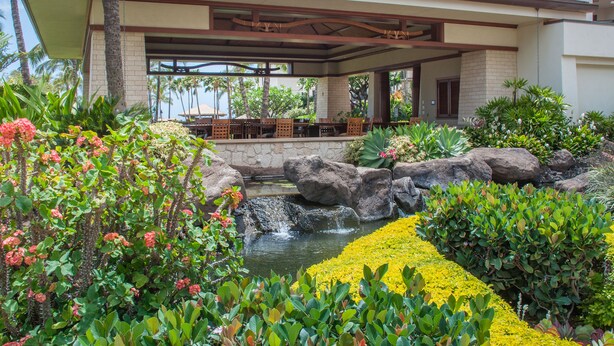 A covered outdoor seating area with stone walls, a small waterfall, and lush tropical plants.