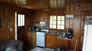 Una cocina tipo cabaña con paredes de madera, estufa, lavabo y un ventilador.