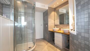 Combined shower/tub, hair dryer, bidet, towels
