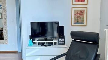 TV, DVD player, books, video library