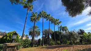 A garden with tall palm trees, a stone lantern, and a stone wall. - Castell Villa Bohío Mallorca (Lluchmajor)
