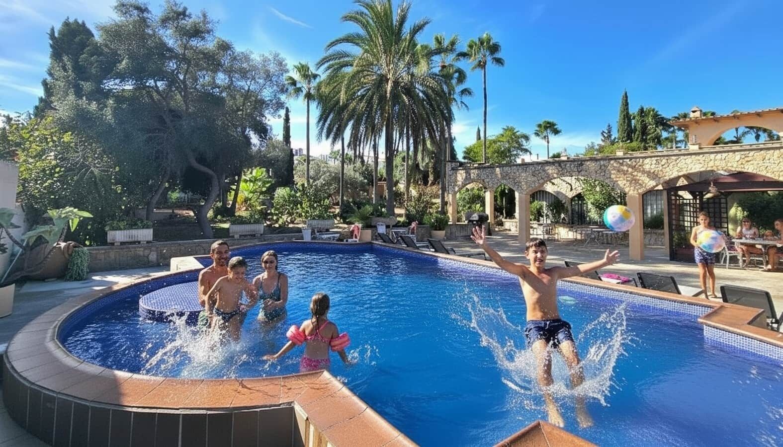 A swimming pool with people playing, surrounded by palm trees and a stone bridge.