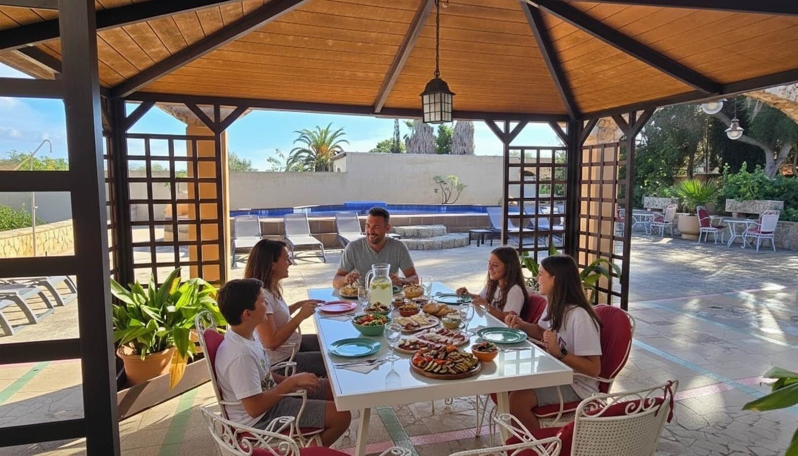 A covered outdoor dining area with a table set for a meal, surrounded by chairs, and a view of the outdoor space.