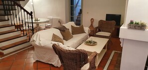 TV, fireplace, books