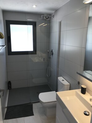 Ein modernes Badezimmer mit einer Duschkabine, einer Toilette und einem Waschbecken inklusive Spiegel.