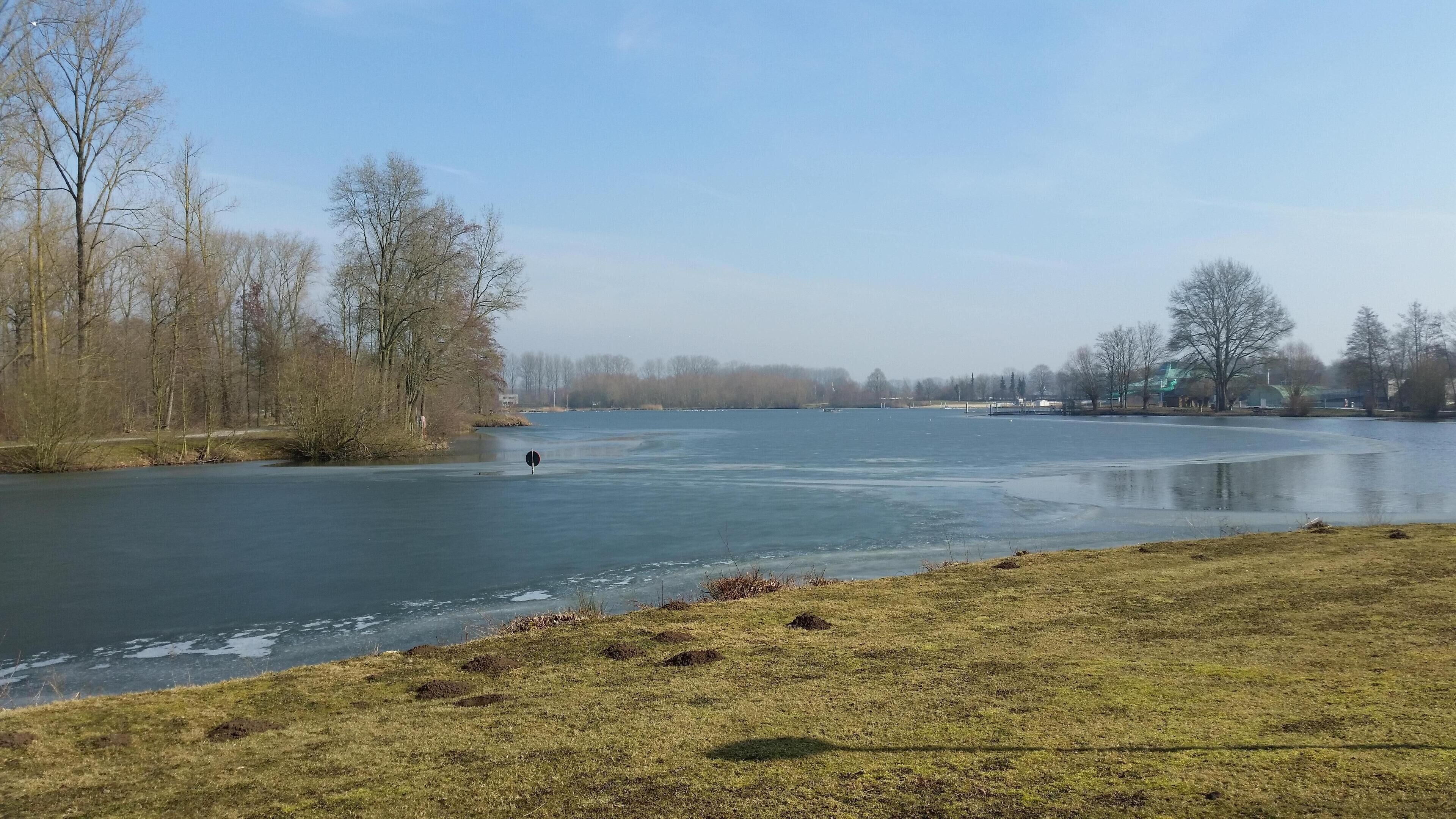 Ein Fluss mit Uferwiese und Bäumen.