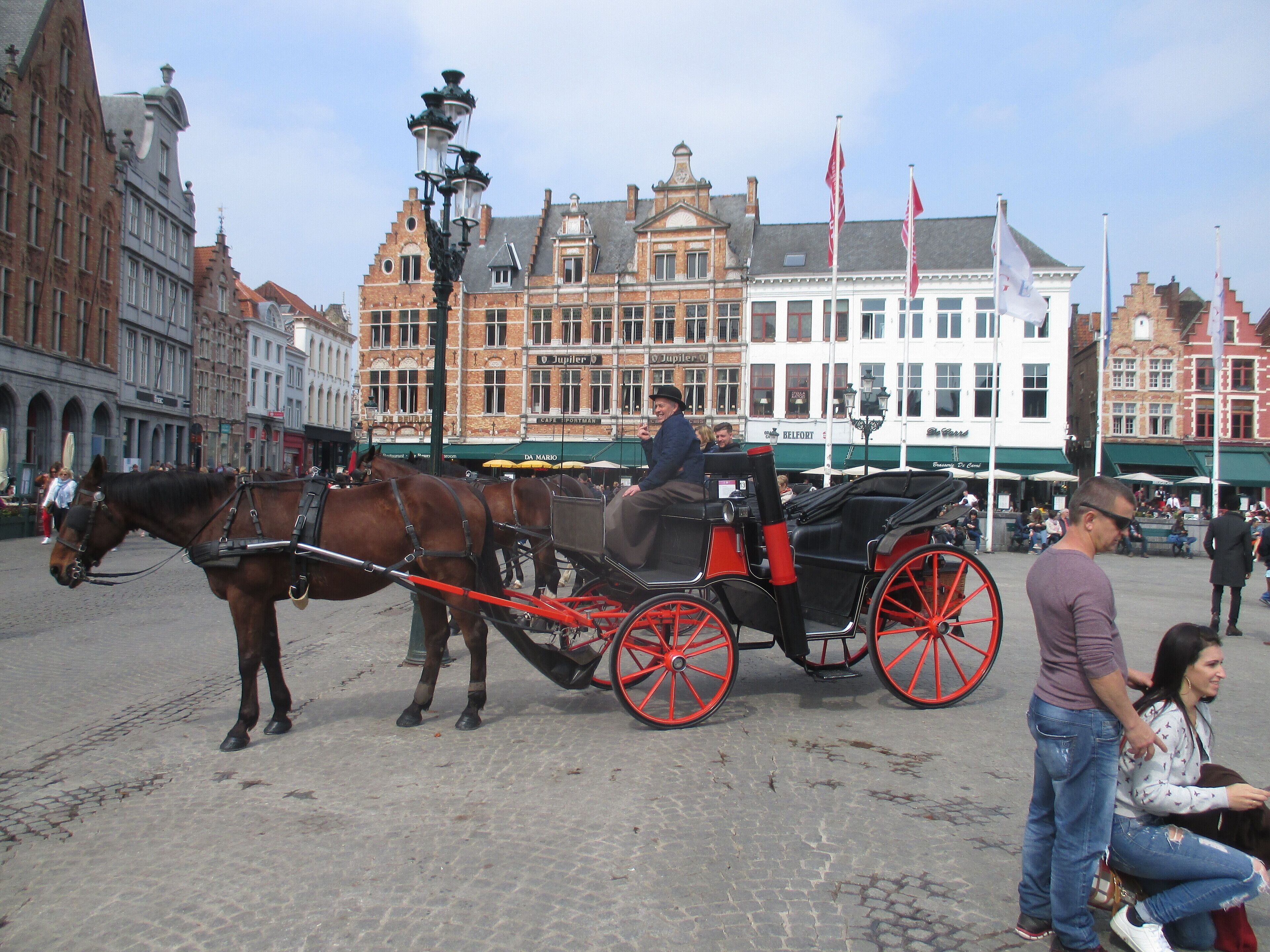 A cobblestone street with a horse-drawn carriage.