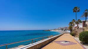 A coastal walkway with a stone railing, palm trees, and a clear blue sea.
