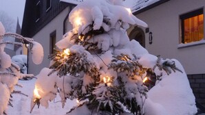 Un árbol de Navidad cubierto de nieve con luces, frente a un edificio residencial con techo inclinado.