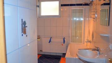 Hair dryer, towels, soap