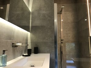 Bathtub, hair dryer, toilet paper
