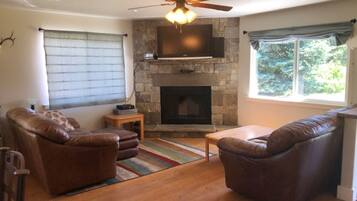 Una Smart TV, una chimenea, juguetes, libros