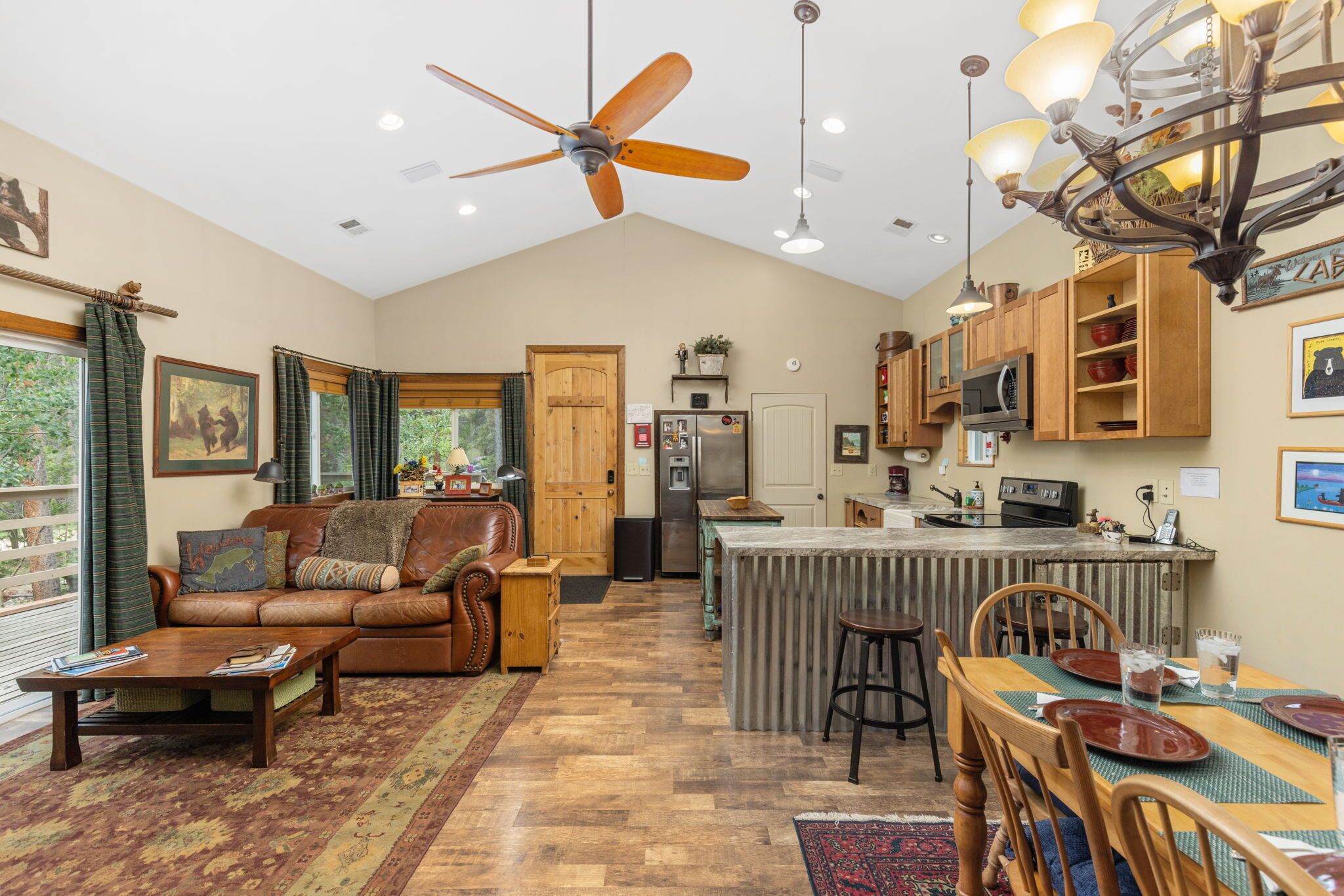 TV connectée, cheminée, lecteur de DVD, livres