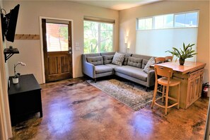 Smart TV, fireplace, books