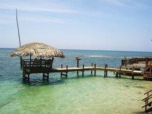 Enjoy a serene ocean view from the thatched-roof pier, surrounded by the sound of the sea.
