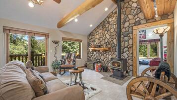 Smart TV, chimenea, reproductor de DVD y libros