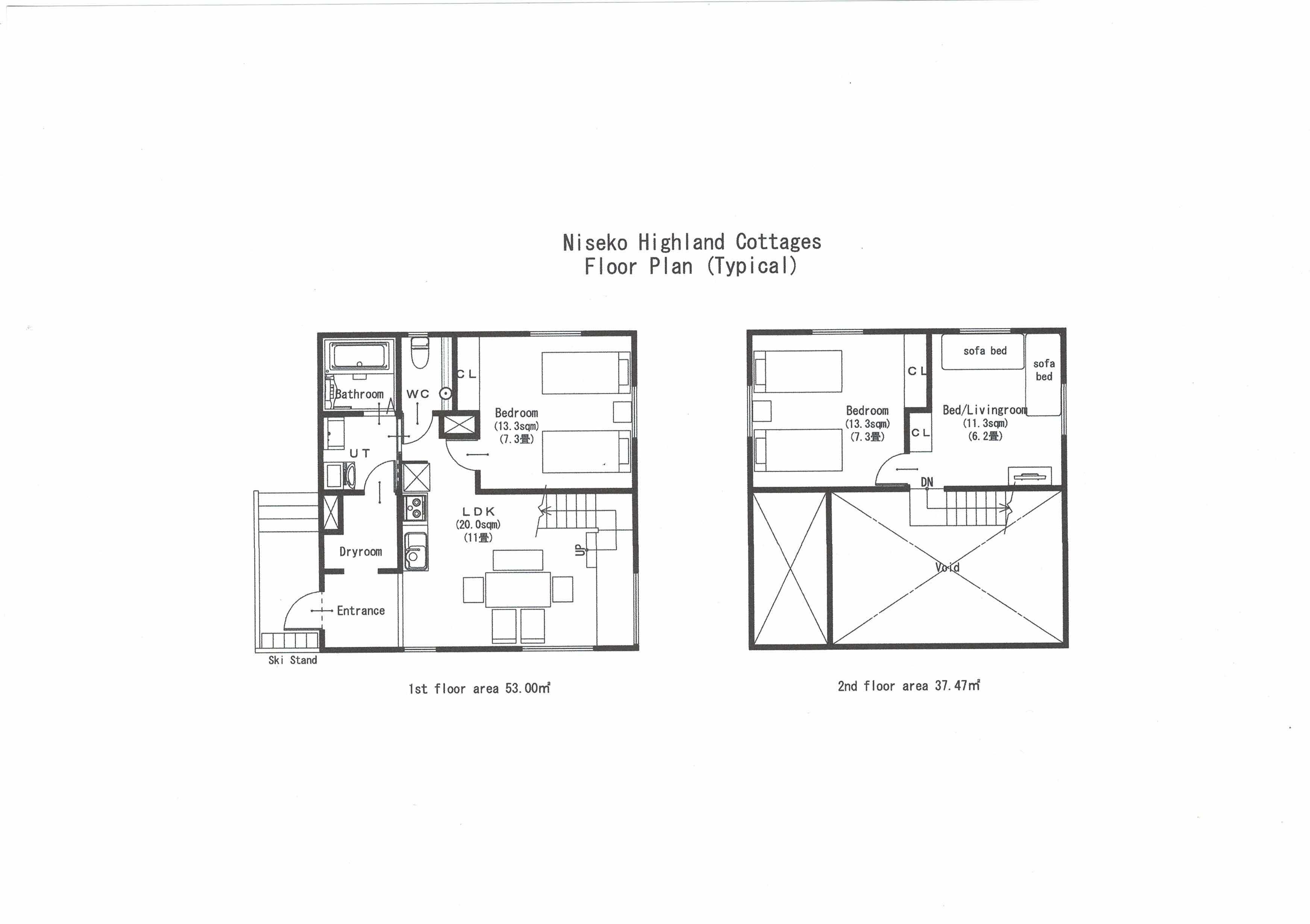 Floor plans of Niskeo Highland Cottages with 1st floor area 53.00m² and 2nd floor area 37.47m².