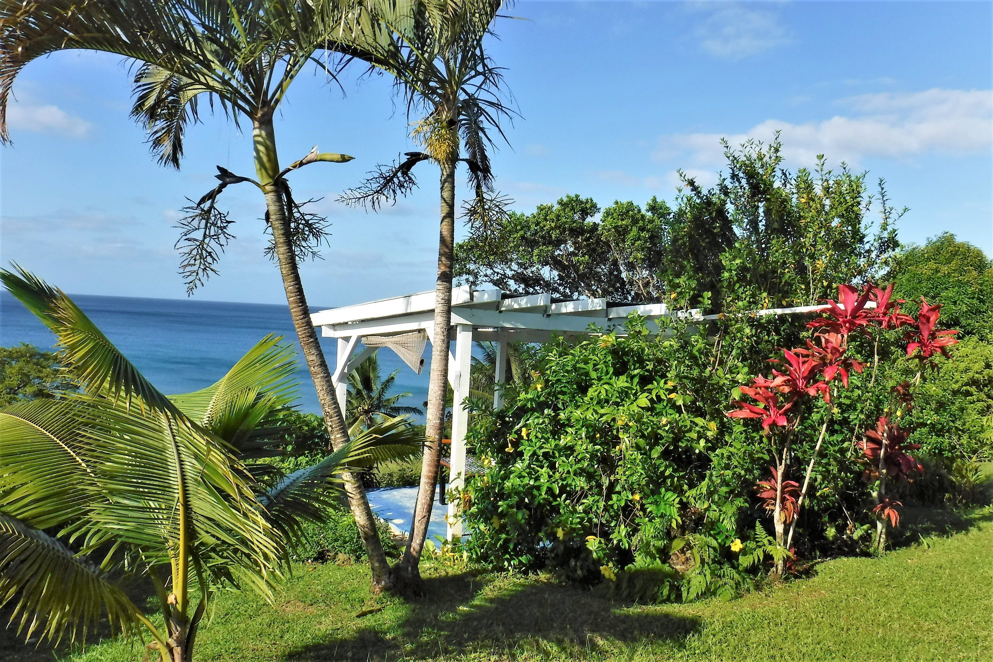 A garden with palm trees, a white pergola, and red flowers.