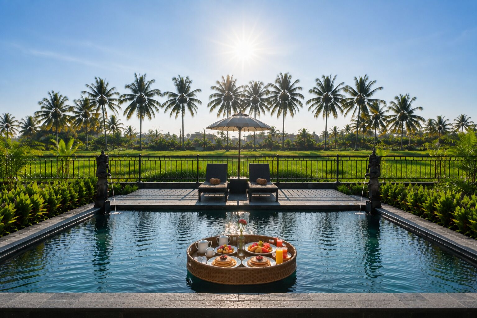 A pool with a floating tray of breakfast items, surrounded by palm trees and a clear sky.