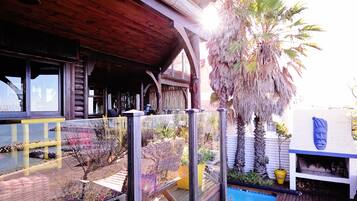 Outdoor pool, pool umbrellas, pool loungers