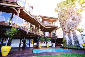 Outdoor pool, pool umbrellas, pool loungers