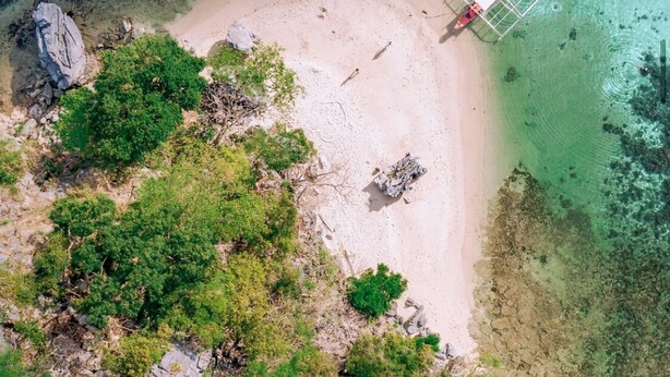 An aerial view of a beach with clear turquoise waters, a sandy shore, and a small structure with a red and white color scheme. - El Nido Moringa Resort (El Nido)