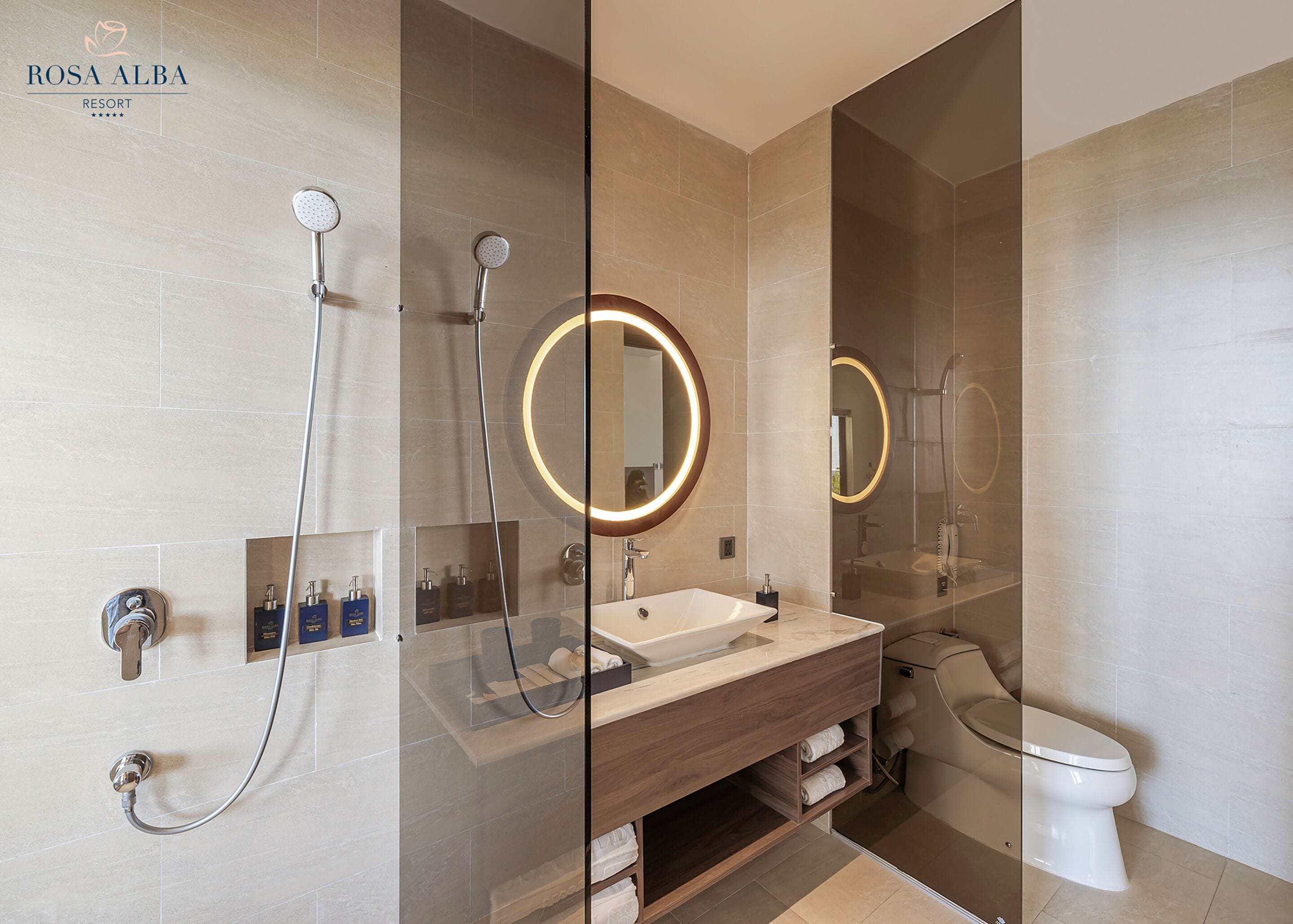 designer toiletries, hair dryer, bathrobes, slippers